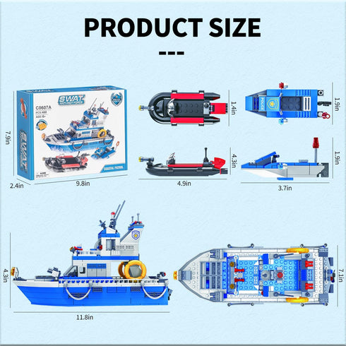City Boat STEM Building Blocks Set, Compatible with Lego City Police Boat, 480 Pcs Rescue Toy Kit