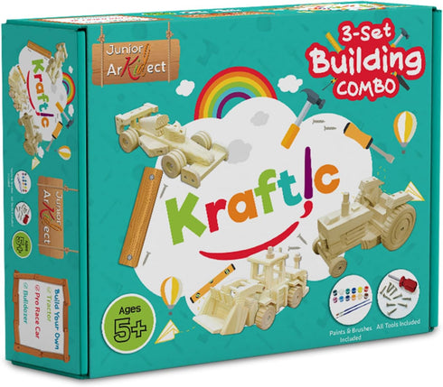 Kraftic Woodworking Building Kit for Kids - 3 Educational DIY Carpentry Projects for Boys and Girls - Tractor,