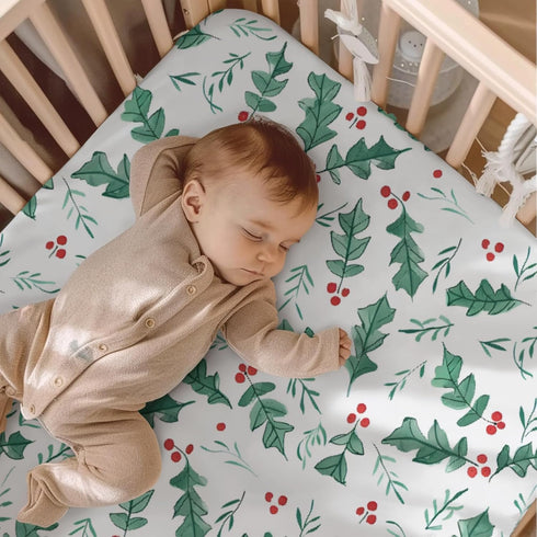 KuphiL10C Mattress-28x52 Watercolor Christmas Leaves Winter Holiday Pattern Baby Sheets for Crib, Unisex Christmas