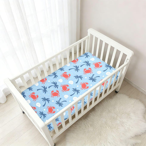 Jynexis 52x28 Crab Palm Tree Blue Pattern Baby Crib Sheets, Cotton Fitted Crib Sheet, Soft Breathable, Fits Standard