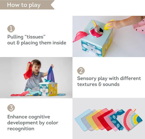 Taf Toys Sensory Crinkle Tissue Box for Toddlers, Colorful Soft Scarves and Crinkling Blankies, STEM Montessori Toy