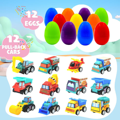 CLAPET 12 3-8 PCS Easter Egg Fillers with Pull Back Car, Prefilled Easter Toys Gifts for Year Old Boys Girls Kids