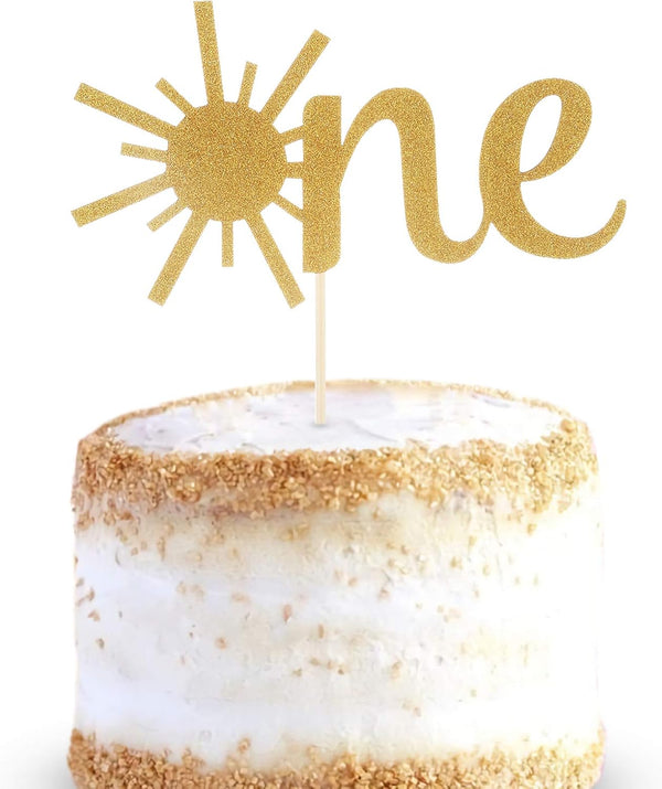 Cake Topper for Baby 1st Birthday - Gold Glitter Sunshine ONE Anniversary Shower Topper for Party Cake Decorating