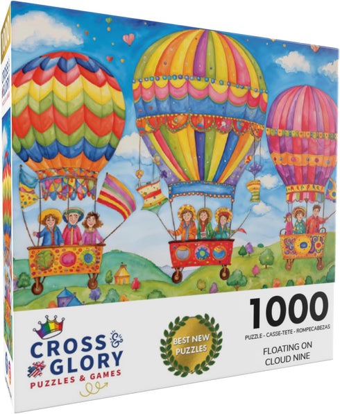 Cross & Glory 1000 Piece Jigsaw Puzzle - Floating on Cloud Nine, Vibrant Hot Air Balloon Fantasy Picture