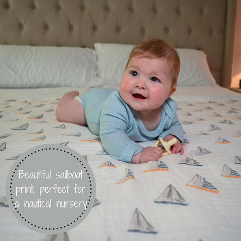 Swaddle Blanket 100% Muslin Cotton, Gender Neutral Newborn Nursery Essentials for Boys and Girls, Sailboat Print