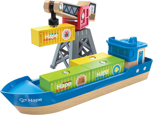 Hape Cargo Ship & Crane | Toy Boat and Crane Playset, for