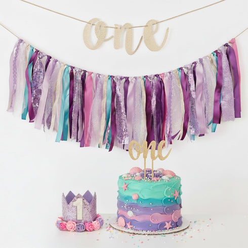 1st Set PapaKit Girl Birthday High Chair Premium Decoration - Sparkle Purple & Teal Ribbon Garland, Crown, One Banner
