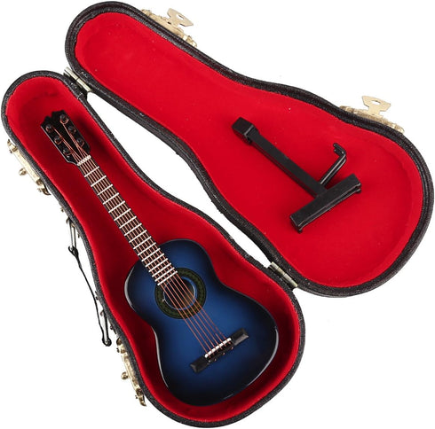 Dselvgvu Wooden Miniature Guitar with Stand and Case, Classic Blue Model for Dollhouse Decoration, 5.12"x1.86"x0.68"