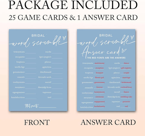 Bridal Shower Games Cards, Bridal Word Scramble, 25 Game Cards with 1 Answer Card, Engagement Party Supplies for Guests