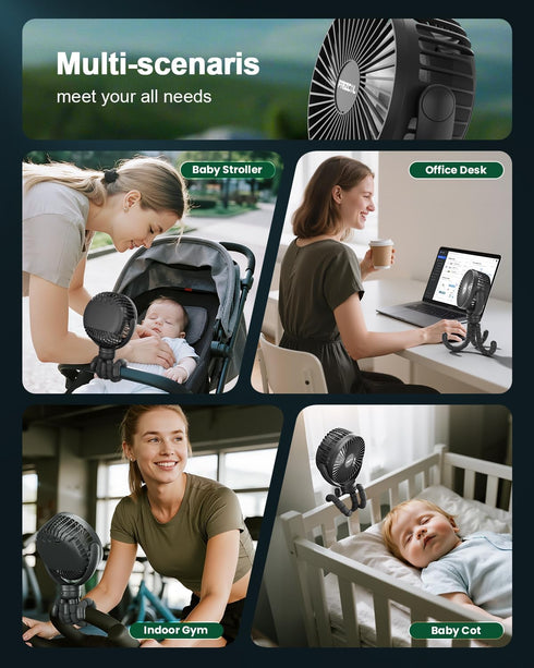 65H 12000mAh Timming, FRIZCOL Portable Stroller Fan, Use As Power Bank, Battery Operated Fan Flexible Tripod Baby Car