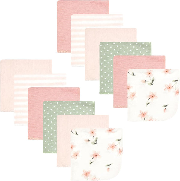 Hudson Baby Unisex Baby Flannel Cotton Washcloths, Pink Dainty Floral 12 Pack,