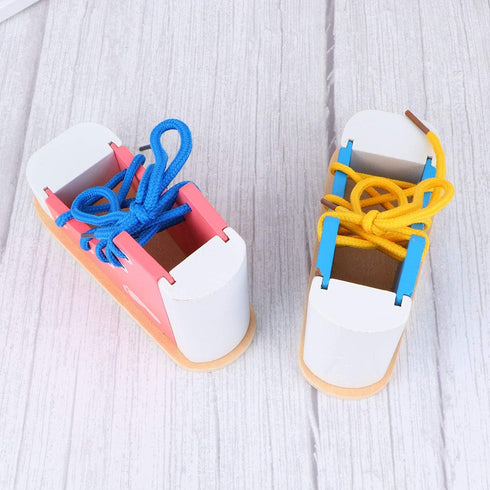 STOBOK 2pcs Wood Lacing Sneaker Tie-Up Shoe Threading Toy Montessori Educational Toys (Blue + Pink)