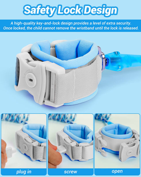 Dr.meter Kids Leash for Toddler - 8.2ft Reflective Anti Lost Wrist Link with Key & Lock, Blue
