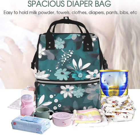 HCBPWVQA Backpack Daypacks Backpack Mommy Teal Grey and White Floral Diaper Bag with Changing Pad and Pacifier Holder