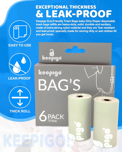 keepigo 6 72 Compostable Disposable Diaper Bags Refills | Rolls, Leak-Proof, XL Biodegradable Baby Poop Bags |