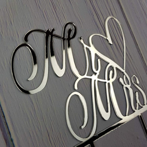 Mr and Mrs Cake Topper, Bride and Groom Sign for Wedding Engagement Cake Decorations (Mirror Silver Acrylic)