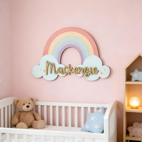 Personalized Rainbow Name Sign for Kids Room, Custom Wooden Name Wall Decor, Baby Girl Nursery Wall Art, Rainbow