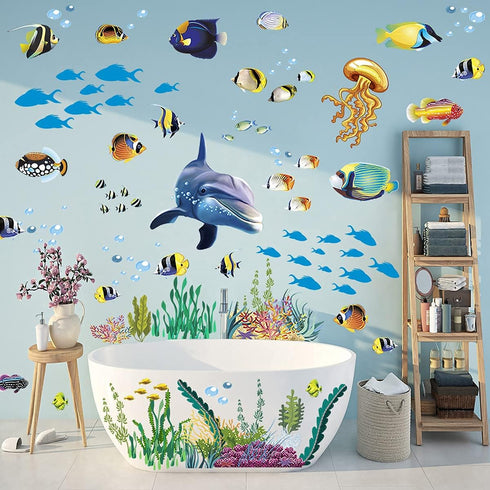 Creative 3D Ocean Fish Wall Sticker, Removable DIY Under The Sea Coral Grass Decal for Kids Nursery Decor