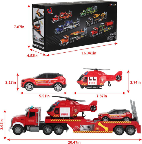 3 4 5 6+ Fire Rescue Semi Trailer Truck Toy, Large Flatbed Truck Carrier with Rescue Vehicle and Helicopter, Lights