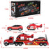 3 4 5 6+ Fire Rescue Semi Trailer Truck Toy, Large Flatbed Truck Carrier with Rescue Vehicle and Helicopter, Lights