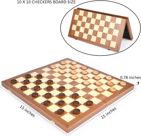 15inch Set, 100 10x10 VAMSLOVE Checkers Folding Wooden Game Square Checkerboard International Checkers Draughts Board