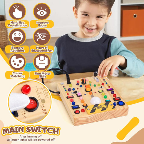 1 2 3 1+ (19 Busy Board with LED Light Switches, Montessori Toys for Years Old, Toddlers Wooden Toy Sensory Activity