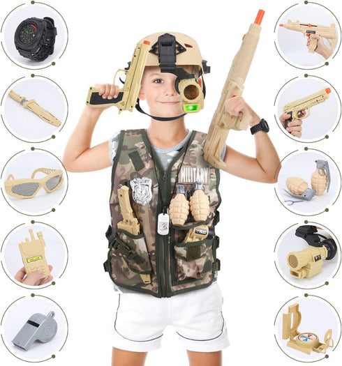 17 PCS Kids Army Costume - Military Soldier Dress Up Role Play Set with Camouflage Vest and Accessories