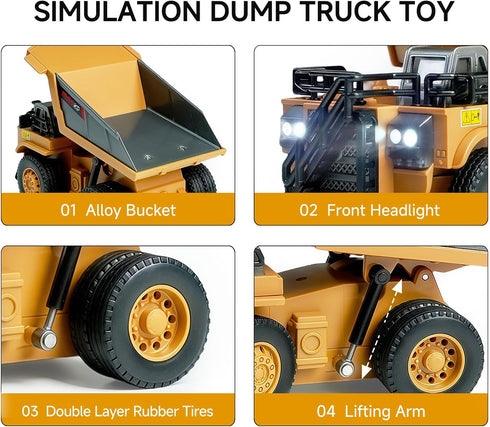 BRRRRT 1/64 Toy,8-Channel 3+ RC Dump Truck,Full Proportion Mini Dump Truck Remote Control Toy with Metal Bed & Light
