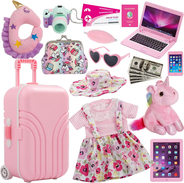 Windolls 18 Inch Doll Suitcase Travel Luggage Play Accessories, Doll Clothes Accessories Carrier