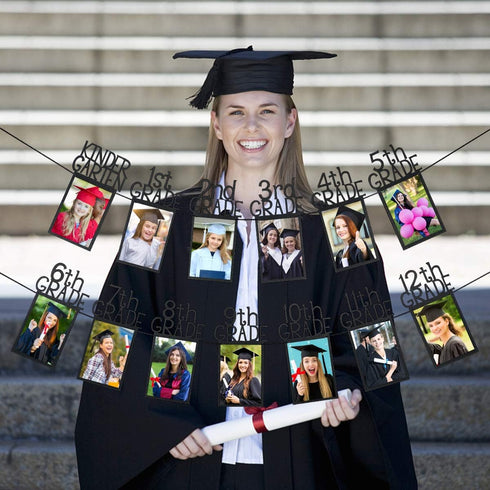 Black Glitter K-12 Graduation Photo Banner, Kindergarten to 12th Grade Picture Banner for Party Decorations 2025