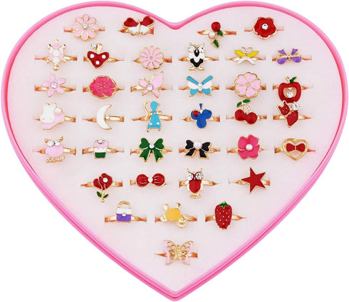 36 pcs Adjustable Rings in Box, Children Kids Little Girl Pretend Play Jewelry Set with Heart Shape Display Case