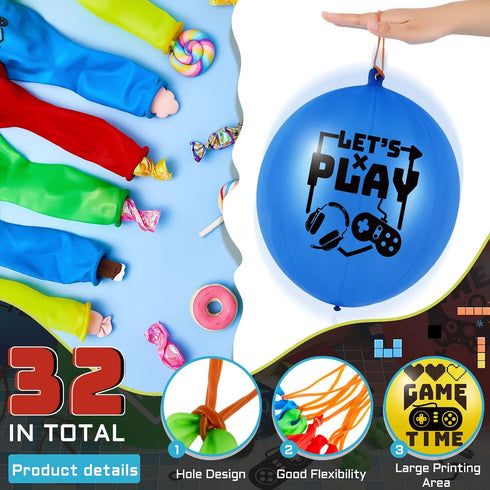 32 Pcs Video Game Punch Balloons - Pixelated Punch Balls for Birthday Party Favors, Blue, Red, Yellow, Green