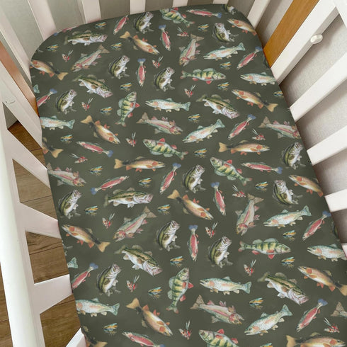 Selgkds 52''x28'' Neutral Fishing Baby Crib Sheets for Boys Vintage Bass Fishes Trout Soft Snug Fitted Crib Mattress