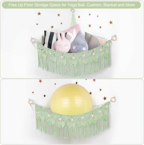 Hammock ANROYE Macrame Stuffed Animal Storage with Star Light, Bear Green for Girls Room Decor, Corner Hanging Mesh
