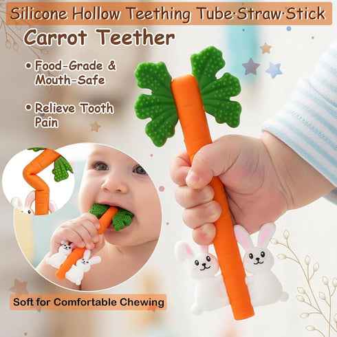3 (1) Baby Teething Toys Silicone Carrot Rabbit Hollow Teething Tubes -Sensory Chew Toys Over Months - Teether Straws