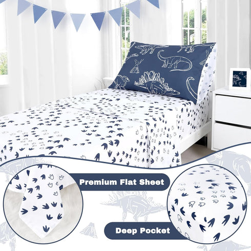4 Set Set, Pieces Dinosaur Toddler Bedding for Boys, Soft Breathable Toddler Comforter Dino Print Navy, Includes