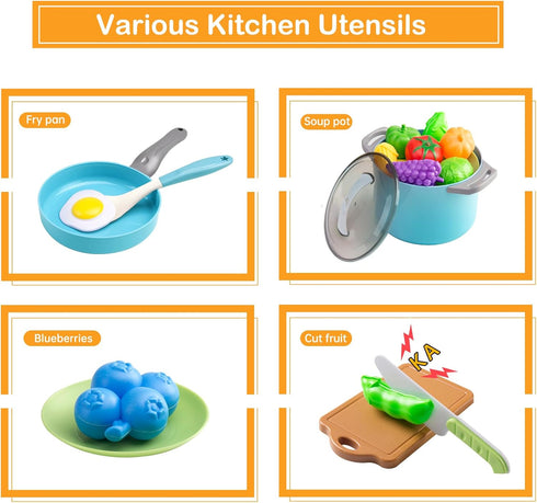 35Pcs Playset Set, Kids Kitchen Toy Accessories, Toddler Pretend Cooking with Play Pots, Pans, Utensils, Cookware, Play