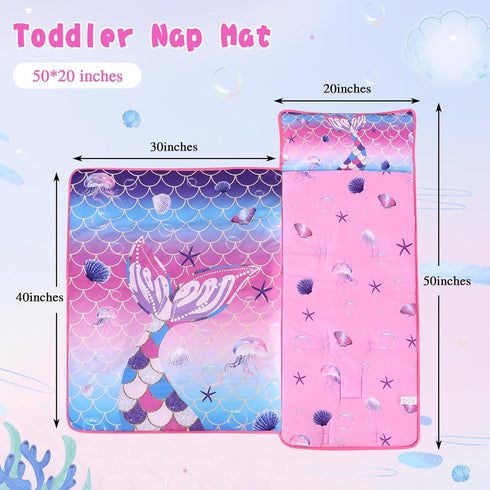 Wowelife Toddler Nap Mat Mermaid with Pillow, Pink Purple Mermaid Sleeping Bag for Girls, Preschool Nap Mats