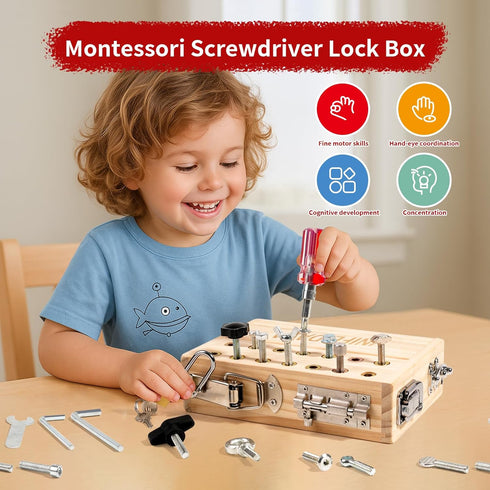 3-5 Set INIFEIDALA Montessori Busy Board - Wooden Sensory Activity Toy for Year Olds with Locks, Keys & Screwdriver