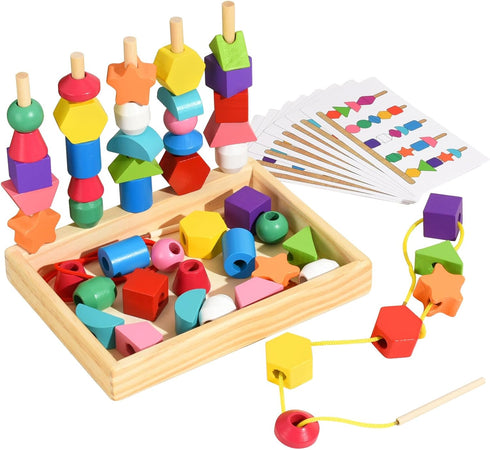 Montessori Bead Sequencing Set for Kids, Wooden Lacing Beads Toys for Toddlers, Educational Gifts for 2-5 Years Old