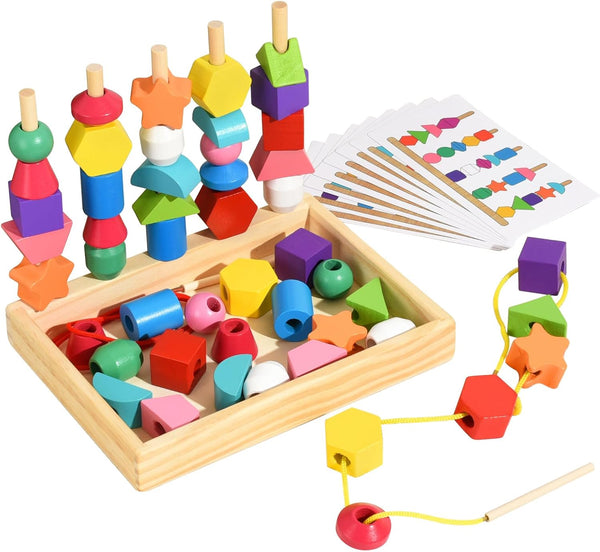 Montessori Bead Sequencing Set for Kids, Wooden Lacing Beads Toys for Toddlers, Educational Gifts for 2-5 Years Old