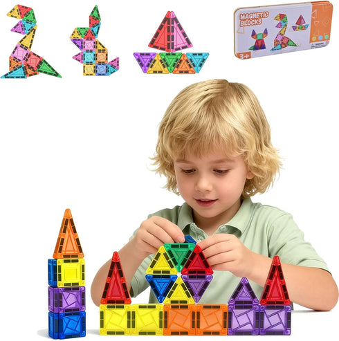 FEWOVUZ 26PCS Mini Magnetic Tiles Building Blocks Set with Portable Iron Case, STEM