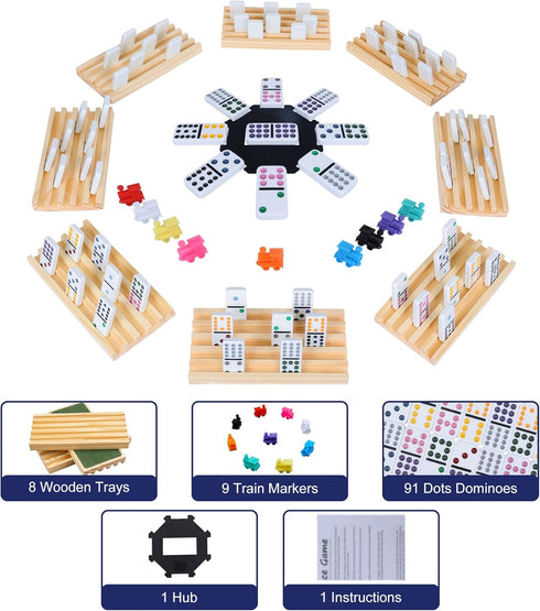 Set 8 12 91 2-8 (D12 8 Mexican Train Dominoes with Wooden Holders | Double Dominoes with Color-Coded Tiles & Hub |