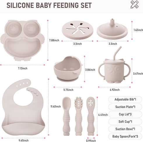 Set Set (10 Baby Weaning - Silicone Toddler Feeding Pcs) with Adjustable Bib, Suction Bowl, Plate, Fork, Spoon, Water