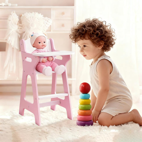 PHOKID 18" Doll High Chair for Pretend Play - Wooden Doll Furniture with Safety Belt, Footrest & Flower Backrest