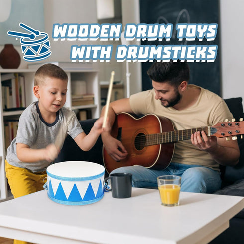 Set,8" 2 Kids Drum Wooden Drum Toys with Adjustable Strap and Drumsticks,Sensory Musical Instrument for Toddler Boys