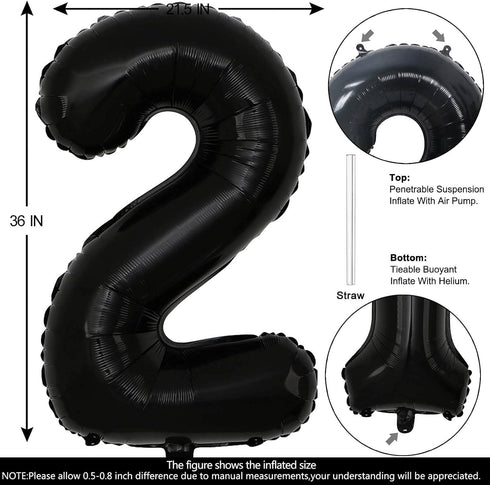 40 Inch Black Number 2 Balloons for Birthday Party Decorations, Helium Giant Black 2 Balloons, Anniversary Baby Shower