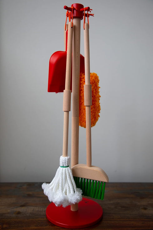 Set 6 Color,10071 JustForKids Wooden Detachable Kids Cleaning - Duster, Brush, Mop, Broom and Hanging Stand Play