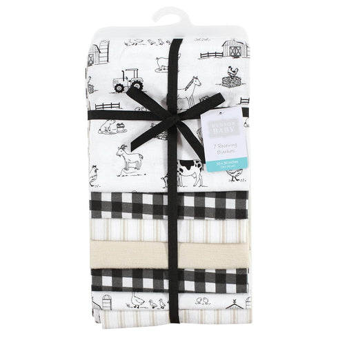 Multipack, 30x30 inches Little Treasure Hudson Baby Cotton Poly Flannel Receiving Blankets Black Neutral Farm