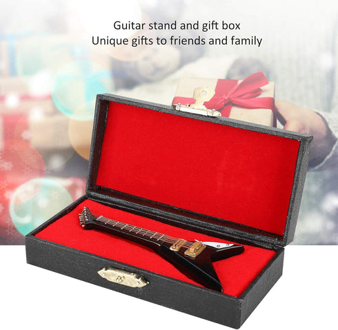 Pssopp Wooden Miniature Electric Guitar, Mini Black Dollhouse Guitar Model with Stand and Case